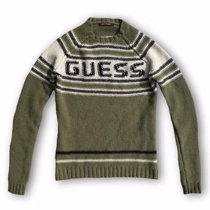 Guess Jeans vintage green cream prep knit sweater
